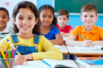 Portrait of multiethnic group of children sitting at desks in classroom, smiling and looking toward camera, holding pencils and notebooks, showing engaged expressions during lesson