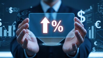 Formal Attire Businessman Holding a Percentage Increase Graphic on a Blue Background Finance and Economy Conceptual Image - Powered by Adobe
