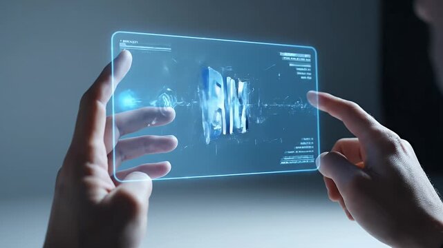 Close up of Person Holding Transparent Device with Blue BIM Text Against a Neutral Background