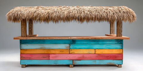 Colorful 4x4 timber outdoor bar with a thatched roof, viewed directly from the front.