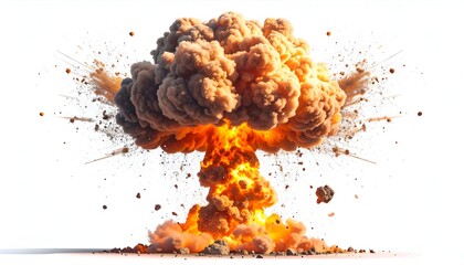 A fiery explosion depicted with mushroom cloud effect, debris, and bright oranges and yellows