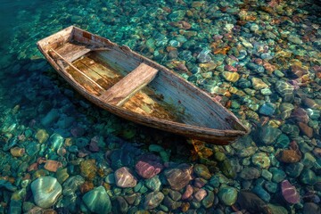 Obraz premium An old wooden rowboat rests peacefully in shallow, clear water, surrounded by vibrant, colorful pebbles.