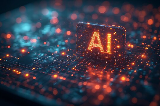 Digital representation of artificial intelligence with lights and circuits. Futuristic image with the letters AI illuminated on a digital circuit, symbolizing technology, innovation, and neural networ