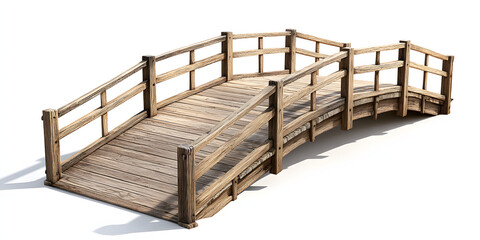 Rustic-style wooden garden bridge with gentle arch and railings, front-side view, isolated, soft lighting.