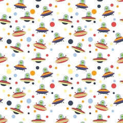 Green aliens in flying saucers with colorful polka dots pattern extraterrestrial space