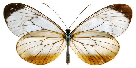 Perfectly symmetrical butterfly displaying white upper wings and softly tinted orange lower wings with golden-ringed eyespots, thin dark body, artistic photo on pure white background.