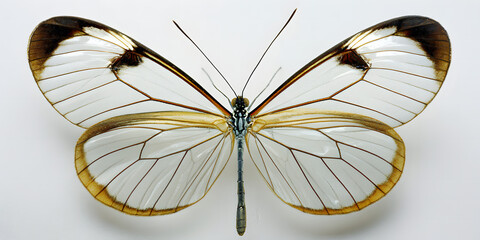Full butterfly with open wings viewed frontally, upper wings white and translucent with fine brown veins, lower wings fading to pale orange and mustard tones, realistic photography on stark white back