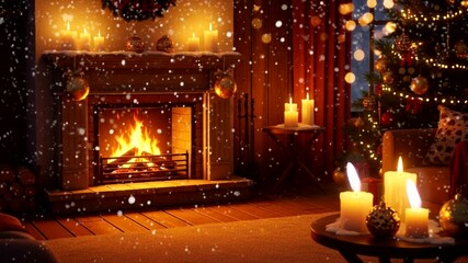 Cozy Christmas fireplace interior with warm candle lights and festive decoration. Seamless looping 4K video background.