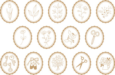 Hand-drawn floral badge set in minimal line art style