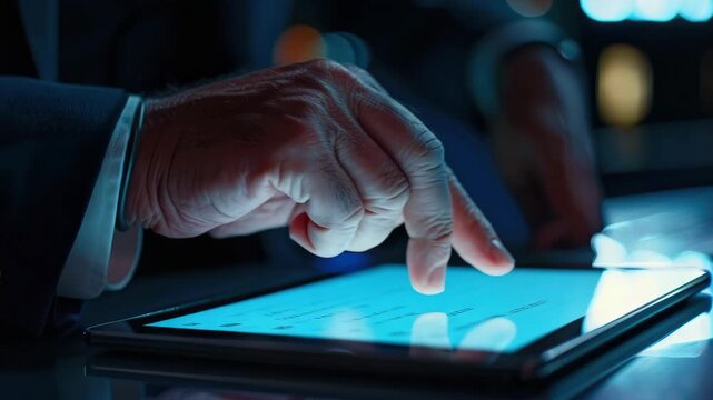 Individual operating a digital device with hand in low light setting.