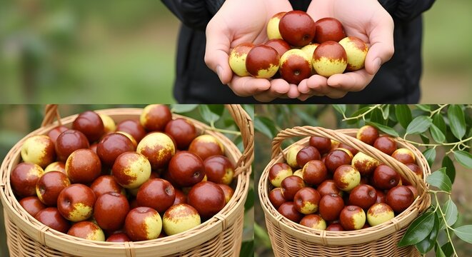 Close-up of hands holding a handful of ripe jujube fruits above two baskets brimming with freshly harvested jujubes, set outdoors, highlighting organic farming, healthy nutrition, and natural produce. - Powered by Adobe