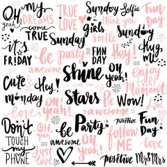 Handwritten phrases and words in black and pink on white background lettering typography