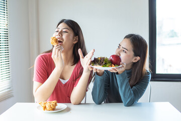 Woman on dieting for good health concept, No Cheat Meal, Stop Eating Junk Food Concept