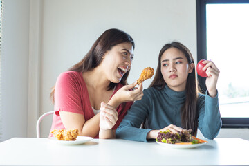 Woman on dieting for good health concept, No Cheat Meal, Stop Eating Junk Food Concept