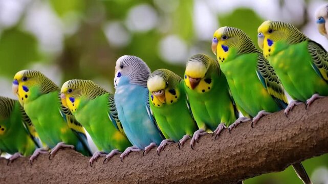 A vibrant row of parakeets perched on a branch, showcasing their colorful plumage Stock Video