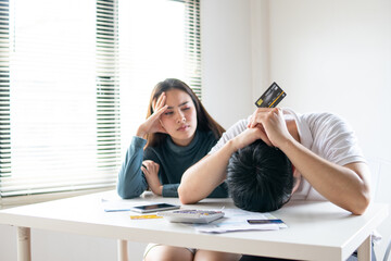  large bills or invoices no money to pay to expenses and credit card debt. shortage, Financial problem, bankruptcy, mortgage, loan, bankrupt, poor, empty wallet