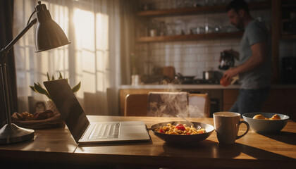 Cozy morning scene with laptop and breakfast on table while man prepares coffee in sunlit kitchen
