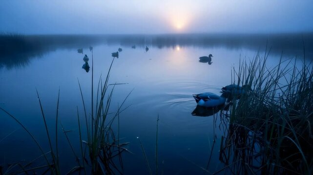 Sunrise over foggy marsh with duck decoys and grass for waterfowl hunting season footage