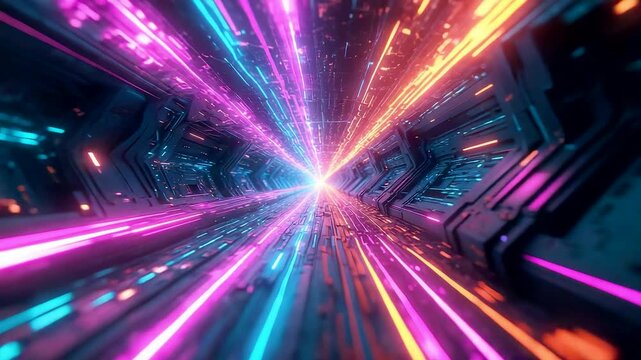 Rainbow Neon Warp Tunnel Pink Blue Orange Light Streaks Speed Cyber Journey Explosion Glow Scene