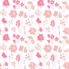 Pink and coral floral pattern on white background with scattered flowers pink flowers