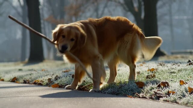 A Golden Retriever dog carrying a stick while walking along a path in the park. The dog has a focused expression, and the scene is serene and peaceful. Stock Video