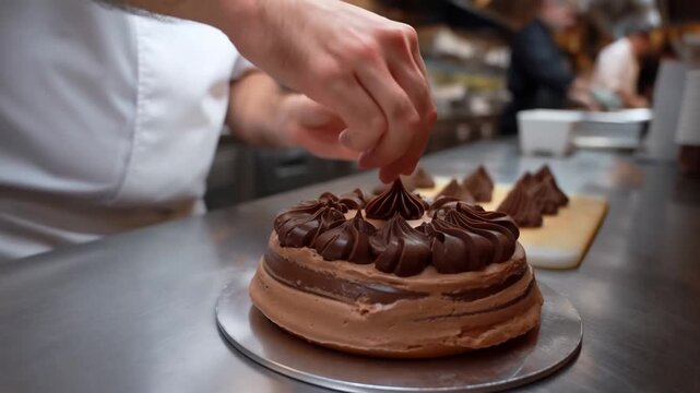 A chef meticulously garnishing a delicious chocolate cake. The chef is adding finishing touches to the cake with care and precision, preparing a gourmet dessert Stock Video