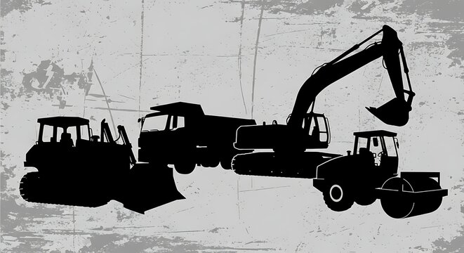 Silhouette of Heavy Construction Vehicles on Textured Background. - Powered by Adobe