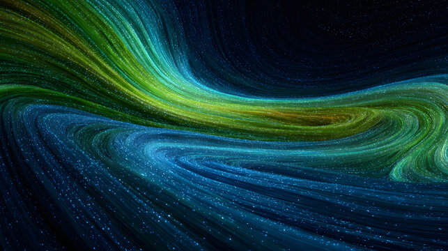 The image shows curved, vibrant light trails of blue and green against a dark backdrop, resembling motion or energy flow in an artistic representation.