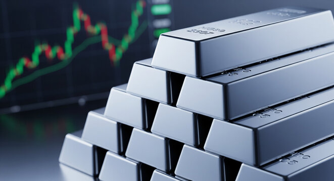 Gleaming silver bars stacked against a dynamic stock market chart symbolizing robust investment growth and financial prosperity