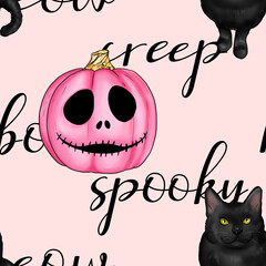 Pink Halloween pumpkin with black cat and spooky text pattern pink pumpkin jack o lantern