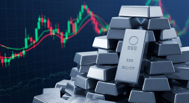 Stacked silver bullion bars glinting powerfully against a dynamic stock market trading chart showing upward financial growth
