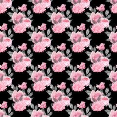 Pink roses and chrysanthemums floral pattern on black background flowers botanical