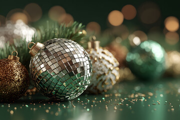 Composition with disco balls and Christmas decor on green background