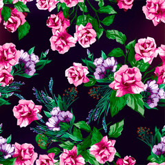 Pink roses and purple flowers seamless pattern on dark background floral pattern