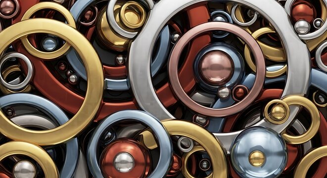 Complex arrangement of shiny interconnected metal rings and spheres