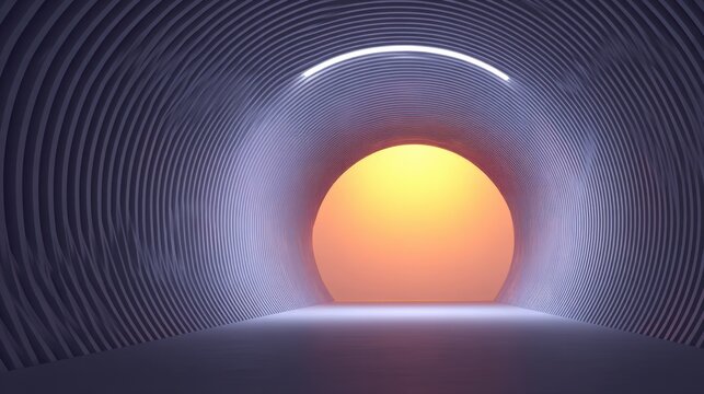Modern abstract tunnel view with glowing orange circle at the end, showcasing futuristic design elements and smooth textured walls in a minimalist style