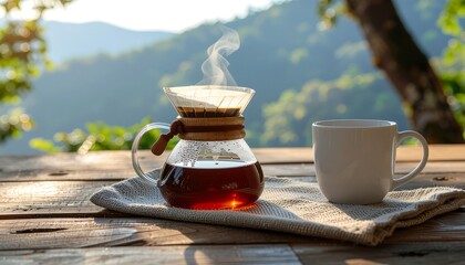 A pour-over coffee maker with steam rising, sits on a wooden table next to a white mug, against a mountain backdrop.