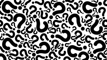 Black question marks overlapping pattern, transparent abstract background, fun colorful cover design, web banner
