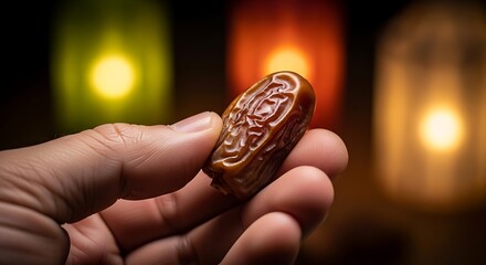 Hand holding a date fruit with blurred background.
