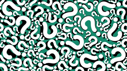 White question marks with shadow, bold contrast pattern background, modern graphic cover design, web banner