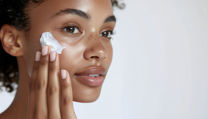 Beautiful woman applying moisturizing cream to her face, promoting healthy, radiant skin and self-care routine