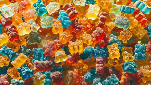 This captures a delightful assortment of gummy candies in an array of vibrant colors. The gummies appear fresh and enticing, ready to be enjoyed by candy lovers everywhere.