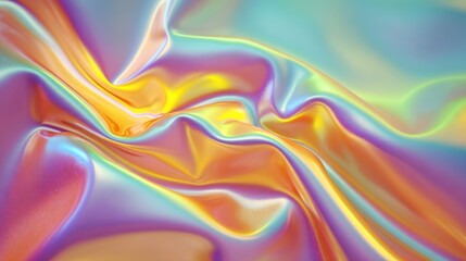 Fototapeta premium Colorful Smooth Silk Fabric with Iridescent Texture in Pastel Shades of Pink, Blue, Orange, and Yellow for Background and Abstract Designs