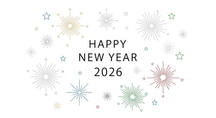 Happy new year 2026 greeting with colorful abstract fireworks and stars on a white background