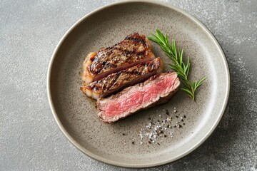 Three slices of grilled steak on a speckled gray plate, garnished with fresh rosemary and seasoned with salt and pepper, resting on a textured gray surface.