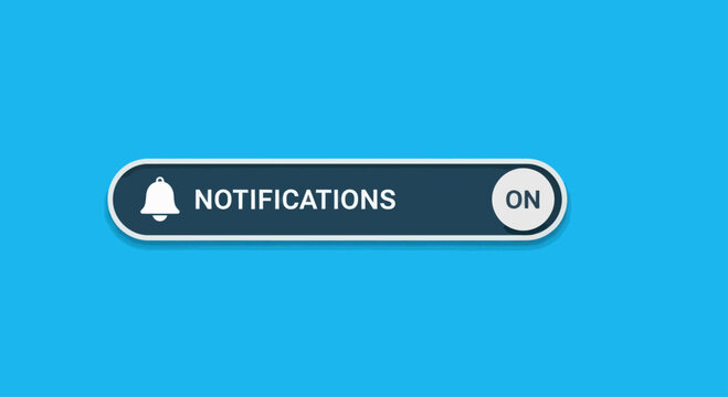 A graphic representation of a notification toggle switch with a bell icon and 'ON' status on a blue background.