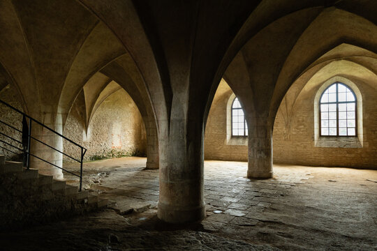 Kutn&aacute; Hora, Czech Republic &ndash; August 8, 2025: Gothic interior of Corpus Christi Chapel with ribbed vaulting and stone columns in Kutn&aacute; Hora, a medieval cemetery chapel from the 14th century