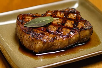 Grilled pork chop, seasoned with herbs, resting on a plate, with a savory glaze and visible grill marks.
