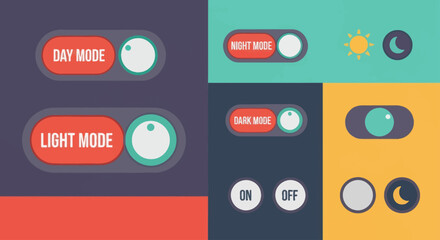 Naklejka premium A collection of flat design toggle switches and buttons for day, night, light, and dark modes, with sun and moon icons.