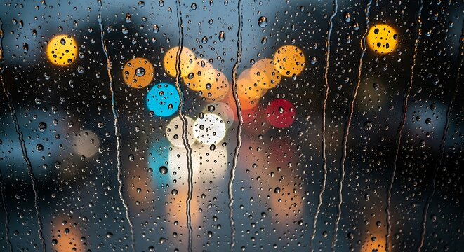 Ephemeral city lights through a rain-streaked glass window facade